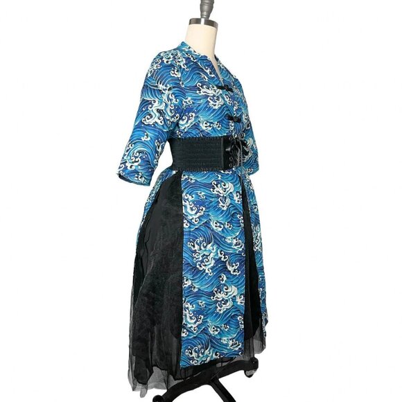 Rare Ukiyo-e Art "The Great Wave off Kanagawa" Print Mandarin Collar Dress - Picture 5 of 7